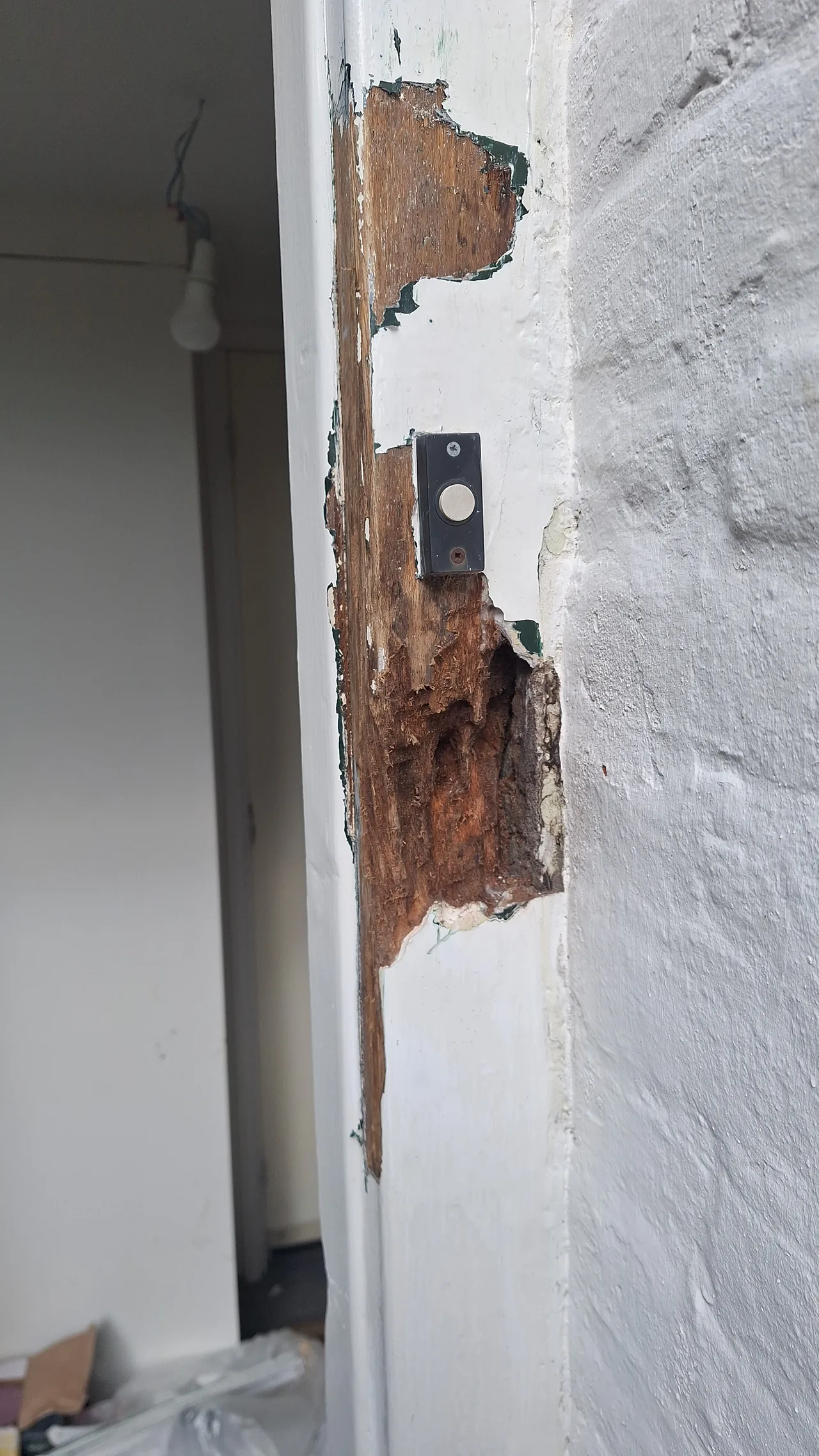 Plaatselijk blootgelegd en aangetast hout aan de zijkant van een wit deurkozijn